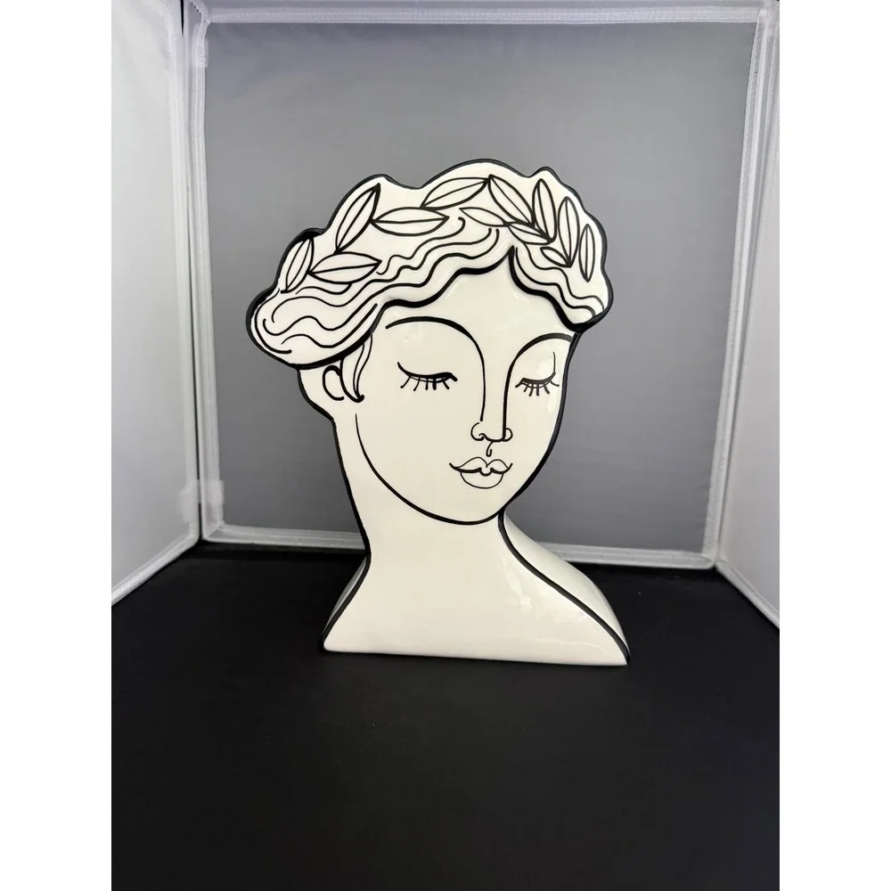 Goddess Bust Vase Greek Ceramic Head Minimalist Line Art White Black Floral Vase